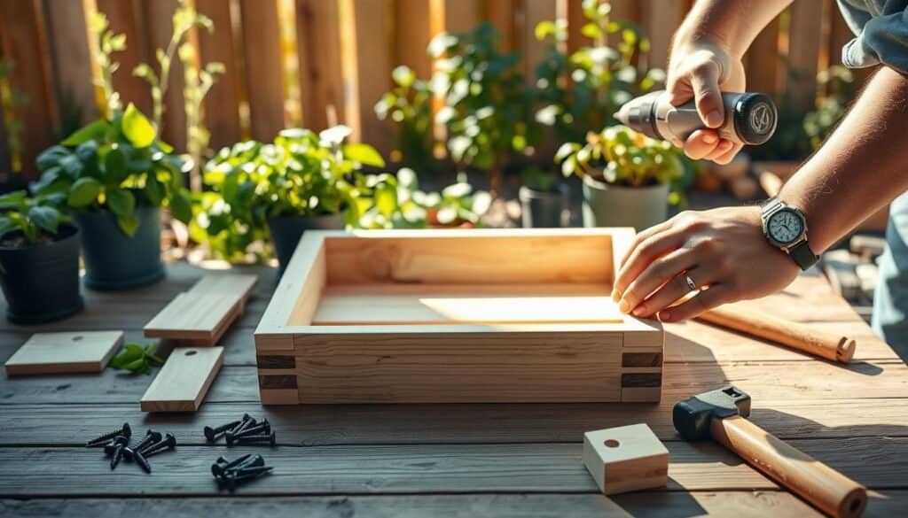 A step-by-step assembly of a simple herb box, showcasing the components laid out: wooden planks, screws, and tools like a drill and hammer. In the foreground, hands carefully constructing the box, wearing modest casual clothing. The middle of the scene features the partially assembled herb box with a focus on joinery details and a measuring tape. The background displays a sunny backyard garden in soft sunlight, with a few potted herbs like basil and parsley nearby. The atmosphere is inviting and productive, with bright natural light accentuating the textures of the wood and greenery, creating a sense of warmth and DIY spirit. Use a realistic and well-composed angle that highlights the assembly process. No text or watermarks present.