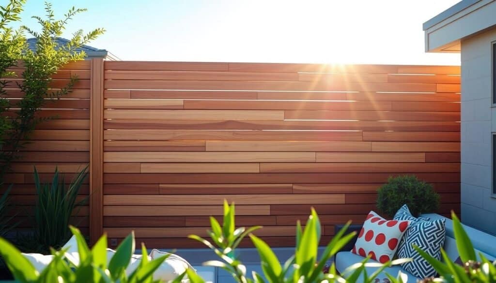 A stylish backyard scene featuring modern horizontal slat privacy walls made of smooth, natural wood. In the foreground, there are vibrant green plants and decorative outdoor cushions, creating a cozy seating area. The middle ground showcases the sleek, uniform slats of the privacy wall, crafted with precision and evenly spaced to allow glimpses of sunlight filtering through. The background reveals a clear blue sky and soft sunlight bathing the entire setting in a warm, inviting glow, enhancing the natural beauty of the wood. The image captures a serene atmosphere, ideal for relaxation and privacy, with a focus on organic textures and clean lines.