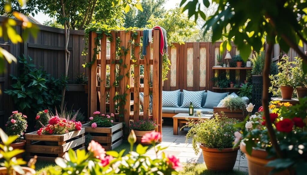 A stylish garden space featuring a privacy screen made from creatively upcycled materials. In the foreground, vibrant potted plants and rustic wooden crates filled with flowers. The middle ground showcases a unique privacy barrier crafted from repurposed wooden pallets, adorned with climbing vines and colorful fabric scraps. In the background, a sunlit, inviting seating area with soft cushions, surrounded by greenery. The scene is bathed in bright natural light with soft sunlight filtering through the leaves, creating an airy atmosphere. Captured at a slightly elevated angle to emphasize both the privacy screen and the cozy garden nook, evoking a sense of tranquility and creative sustainability.