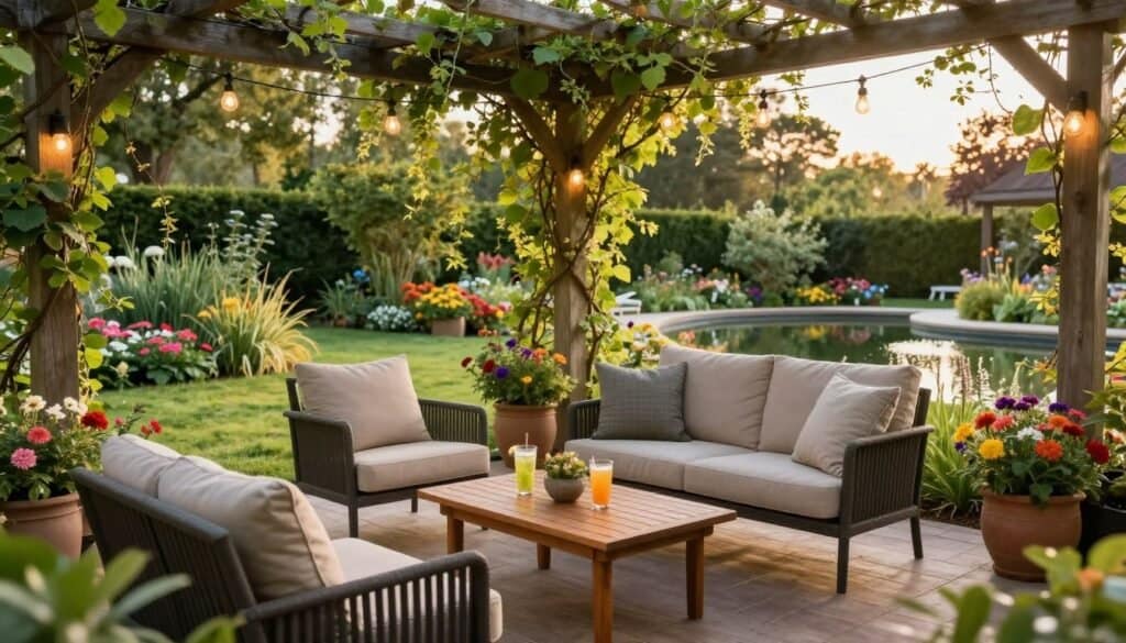 A tranquil garden patio designed for relaxation, featuring an inviting seating arrangement with comfortable chairs and a cozy loveseat, adorned with soft cushions. The foreground includes a low wooden table with refreshing drinks and decorative plant pots filled with vibrant flowers. In the middle, an elegant pergola draped with climbing vines creates shade, while the ambiance is enhanced by string lights gently glowing in the soft evening light. The background showcases a lush garden with vibrant greenery, colorful blooms, and a small, serene pond reflecting the sky. The scene is illuminated by warm, natural sunlight, giving it an airy, peaceful atmosphere. The angle captures the patio from a slightly elevated perspective, emphasizing the inviting space for unwinding.