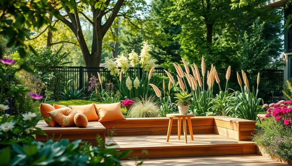 A tranquil garden seating area designed for relaxation, featuring a beautifully crafted wooden seating platform surrounded by lush greenery and blooming flowers. In the foreground, there are comfortable, brightly colored cushions arranged on the platform, along with a chic wooden side table adorned with a small potted plant. The middle ground showcases a variety of plants, including flowering shrubs and ornamental grasses, creating a sense of depth. In the background, tall trees provide dappled sunlight, enhancing the peaceful ambiance. The scene is bathed in soft, natural light, creating gentle shadows and highlighting the textures of the wood. The overall mood is serene and inviting, perfect for a backyard retreat.