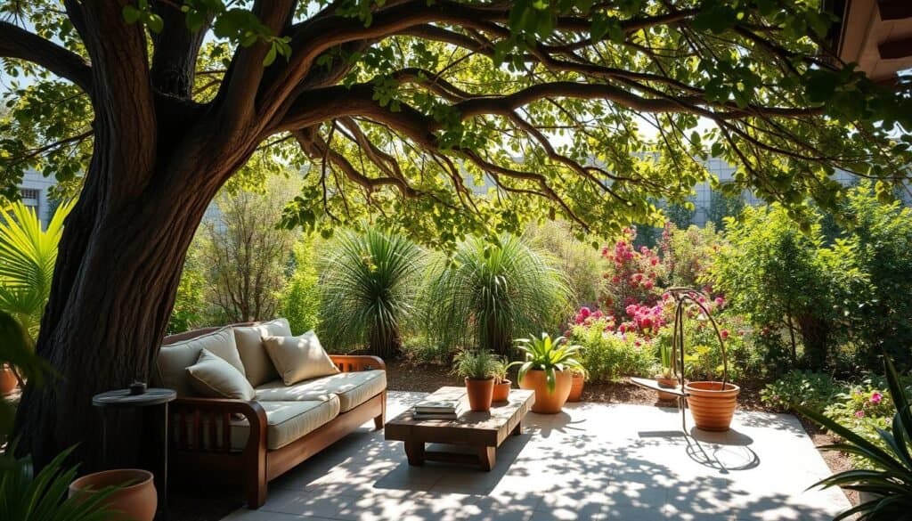 A tranquil patio nestled under the shade of a mature, leafy tree, surrounded by vibrant greenery. In the foreground, a beautifully crafted wooden seating platform, adorned with soft cushions in earthy tones, invites relaxation. The middle ground features a rustic wooden table set with potted plants and a few books, creating an inviting atmosphere. Natural light filters through the tree leaves, casting dappled shadows on the patio, enhancing the serene feel. In the background, a lush garden blooms, framing the scene with vibrant colors. The overall mood is peaceful and inviting, perfect for backyard lounging. The image is captured with a wide-angle lens to encapsulate the space, illuminated by soft sunlight that adds warmth and vibrancy.