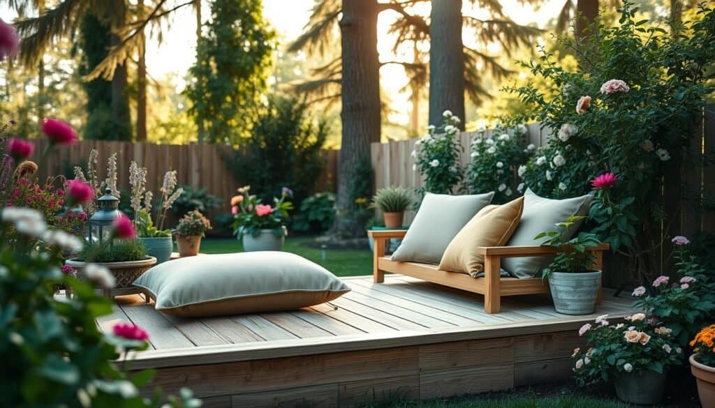 A transformed garden corner featuring a cozy DIY seating platform, carefully crafted from natural wood with a weathered finish, surrounded by lush greenery and blooming flowers. In the foreground, a plush outdoor cushion in soft earth tones is placed on the platform, inviting relaxation. The middle ground reveals a small, rustic table beside the seating, adorned with potted herbs and a decorative lantern. In the background, tall trees filter warm, soft sunlight, creating an inviting and tranquil atmosphere. The scene captures the essence of a serene retreat, with vivid colors harmonizing in bright natural light, emphasizing the charm of turning an empty space into a cozy outdoor getaway. Use a warm color palette to evoke comfort and tranquility, framing the image from a slight angle to enhance depth.