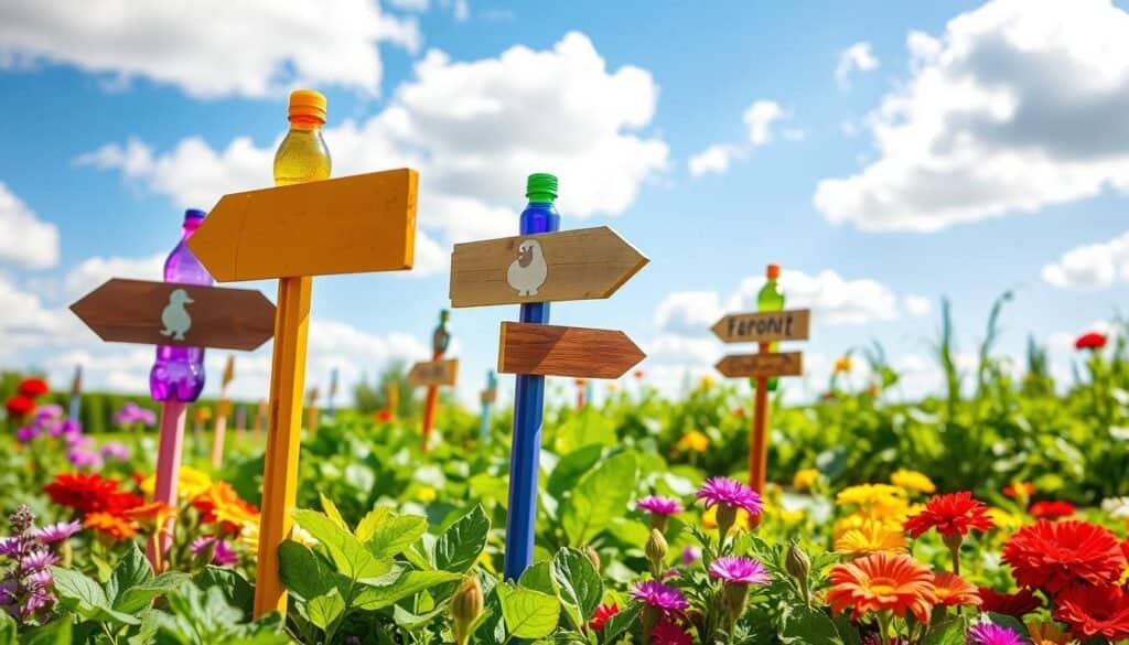 A vibrant garden scene showcasing recycled plastic bottle garden sign posts creatively arranged among colorful flowers and lush greenery. In the foreground, several whimsical sign posts made from brightly colored plastic bottles, each uniquely shaped and decorated with nature-inspired motifs, stand in various positions, directing attention to garden areas. The middle ground features a thriving vegetable patch with leafy greens and bright blooms, enhancing the eco-friendly theme. The background reveals a clear blue sky with soft sunlight filtering through scattered clouds, casting gentle shadows. The overall mood is cheerful and inviting, capturing the essence of sustainable gardening and creativity in outdoor decor, designed for a bright, airy atmosphere.