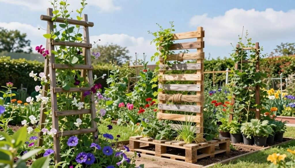 A vibrant garden scene showcasing various unique and budget-friendly trellis ideas for climbing plants. In the foreground, a rustic wooden trellis adorned with colorful climbing vines, such as sweet peas and morning glories, invites viewers to explore its charming design. In the middle, an innovative trellis made from recycled materials, like repurposed pallets and natural twine, stands creatively, supporting lush greenery. The background features a well-maintained garden filled with flowering plants and a bright blue sky, enhanced by soft, natural sunlight. The atmosphere is cheerful and inviting, emphasizing the DIY spirit of gardening. The image captures a harmonious blend of textures and colors in a small outdoor space, inspiring readers to create their own budget-friendly trellis designs.