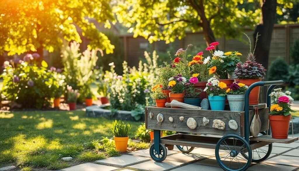 A vibrant outdoor setting featuring a handmade garden art piece integrated into a DIY rolling plant cart, showcasing creatively arranged pots of colorful flowers and herbs. In the foreground, the cart displays unique decorations, such as hand-painted stones and driftwood accents. The middle ground features lush greenery with various plants, some in bright ceramic pots enhancing the visual appeal. The background displays a gentle garden scene with soft sunlight filtering through leafy trees, creating dappled patterns on the ground. The atmosphere is warm and inviting, evoking a sense of tranquility and inspiration for gardening enthusiasts. Capture the image at a slight angle to emphasize the textures and details of the handmade art and plants, in bright, natural light emphasizing a cheerful, creative mood.