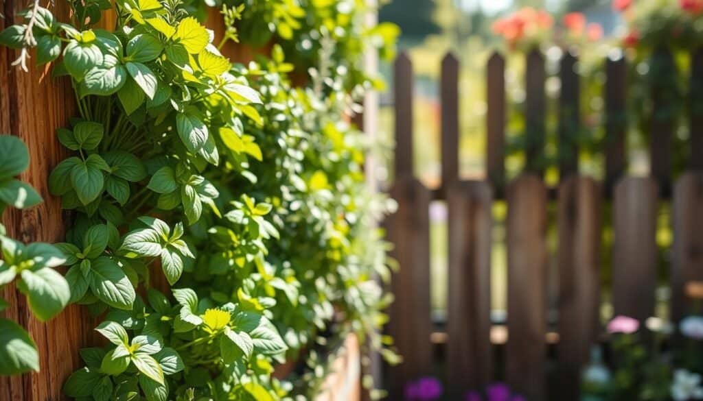 A vibrant vertical herb wall filled with an array of lush greenery, including basil, thyme, and rosemary, arranged in a staggered wooden planter. The foreground features close-ups of the herbs with dew droplets glistening in the bright, soft sunlight. In the middle ground, the vertical structure is set against a rustic wooden fence, showcasing its practical yet aesthetic appeal. The background hints at a serene garden setting, with blurred hints of colorful flowers and greenery, enhancing the natural atmosphere. The overall mood is fresh and invigorating, capturing the essence of outdoor gardening in small spaces. The lighting is bright and airy, creating a lively scene perfect for a DIY project.