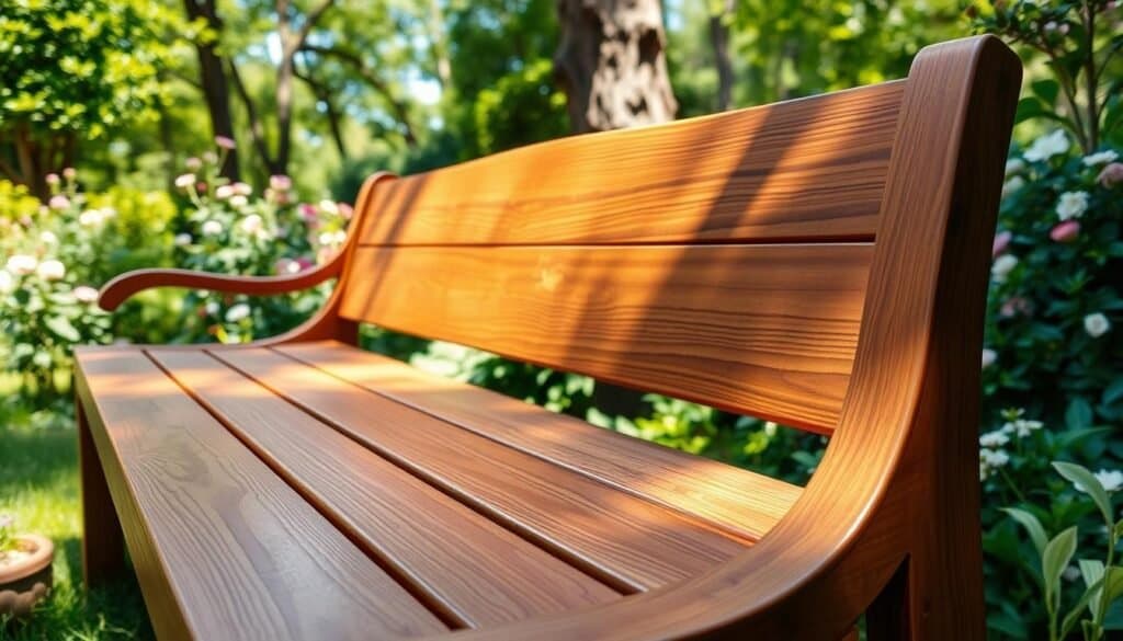 A weather-resistant wooden bench, crafted from rich teak wood, showcasing a smooth, polished surface that gleams under soft, natural sunlight. The bench is positioned in a lush green garden, surrounded by blooming flowers and a backdrop of trees, creating a serene outdoor setting. In the foreground, the bench’s durable construction is evident with robust joints and thoughtful finishing that enhance its aesthetic appeal and longevity. The middle section captures the intricate grain patterns of the wood, highlighting its natural beauty and weatherproof finish. The lighting is warm and inviting, casting gentle shadows that emphasize the bench’s contours. The overall atmosphere is peaceful and inviting, perfect for enjoying nature, evoking a sense of relaxation and durability.