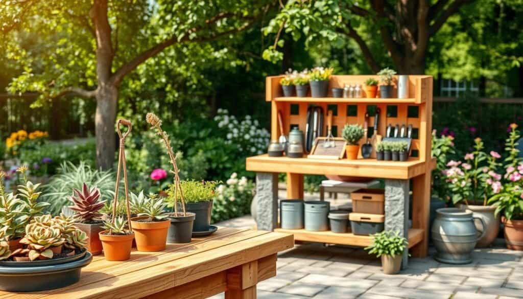A well-crafted outdoor potting bench made from durable materials like weather-resistant wood, metal, and stone. In the foreground, show a beautifully organized workspace with potted plants, potting soil, and gardening tools neatly arranged. The middle section features the sturdy bench itself, showcasing its robust construction, with a natural finish that blends seamlessly with the outdoor environment. In the background, lush greenery and colorful flowers enhance the serene garden atmosphere. The scene is bathed in bright natural light, with soft sunlight filtering through the tree leaves, creating a warm and inviting mood. Capture the image from a slightly elevated angle to emphasize the bench's functionality and its integration into the garden setting.