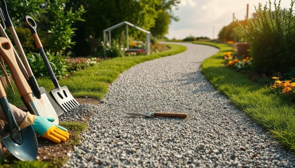 A well-maintained gravel garden path meandering through a lush green landscape, showcasing various gravel maintenance tools like a rake, shovel, and a broom neatly arranged on the side. In the foreground, a pair of hands wearing gardening gloves is gently leveling the gravel with a rake, while a garden trowel rests nearby. The middle ground features a clear view of the gravel path, highlighting its texture and the surrounding vibrant flower beds. The background includes a sunny sky filtered through soft clouds, casting an inviting, warm light over the scene. The atmosphere is serene and welcoming, suggesting a peaceful, well-cared-for outdoor space, ideal for gardening enthusiasts. Focus on a natural, realistic aesthetic executed in high detail.