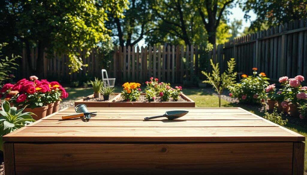 A well-maintained wooden garden step platform in a serene backyard setting, showcasing detailed textures of the wood grain and the surrounding lush greenery. In the foreground, gardening tools like a small trowel and watering can rest on the steps, hinting at maintenance tasks. The middle ground features vibrant flower beds and neatly pruned shrubs, all in bright, soft sunlight that casts gentle shadows. In the background, a rustic fence complements the natural ambience, while sunlight filters through leafy trees, creating a tranquil and inviting atmosphere. The scene captures a nurturing, efficient space for DIY gardening, emphasizing care and long-term maintenance of the step platform. The image should be airy and well-lit, evoking a sense of peace and dedication to backyard gardening.