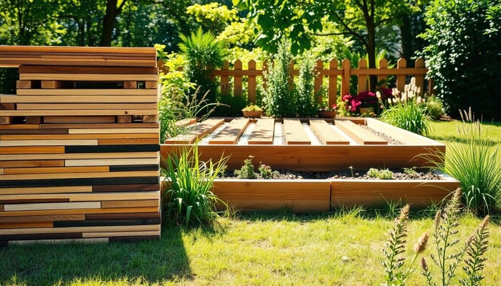 A well-organized display of wood garden border materials arranged on a grassy backyard setting. In the foreground, various types of untreated and treated wooden planks are neatly stacked, showcasing their natural grain patterns and varying colors. In the middle ground, a wooden garden border is partially installed, demonstrating how it complements the surrounding plants and flowers. The background features a sunny garden with lush greenery, soft sunlight filtering through leaves, casting gentle shadows. The atmosphere is calm and inviting, emphasizing the practicality and beauty of wood garden borders in home gardening. The scene is shot with a slightly higher angle to capture the layering of materials while maintaining clarity and detail. Bright, natural light enhances the textures of the wood and the vibrancy of the garden.