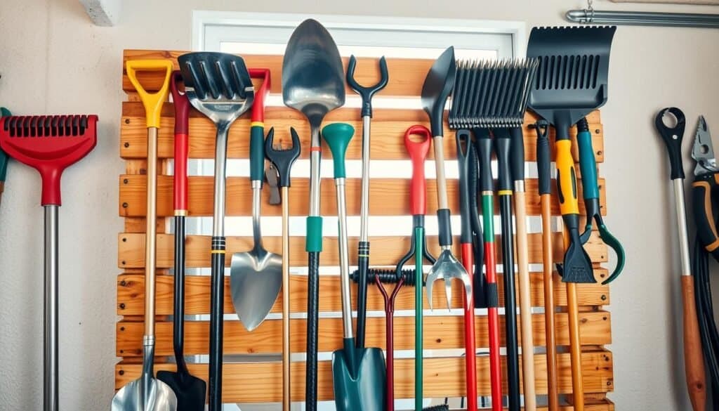 A well-organized garage tool rack mounted on a wooden pallet, showcasing various garden tools such as shovels, rakes, and hand tools neatly hanging in designated slots. In the foreground, a close-up view of the tools reveals their shiny, metallic surfaces and colorful handles. The middle ground features the pallet with smooth wood grain, creating a rustic aesthetic. In the background, soft sunlight filters through a window, illuminating the space and casting gentle shadows. The setting is airy and bright, emphasizing a clean, functional atmosphere ideal for DIY projects. The angle captures the organization and accessibility of the tools, inviting viewers to envision an efficient workspace without any clutter.