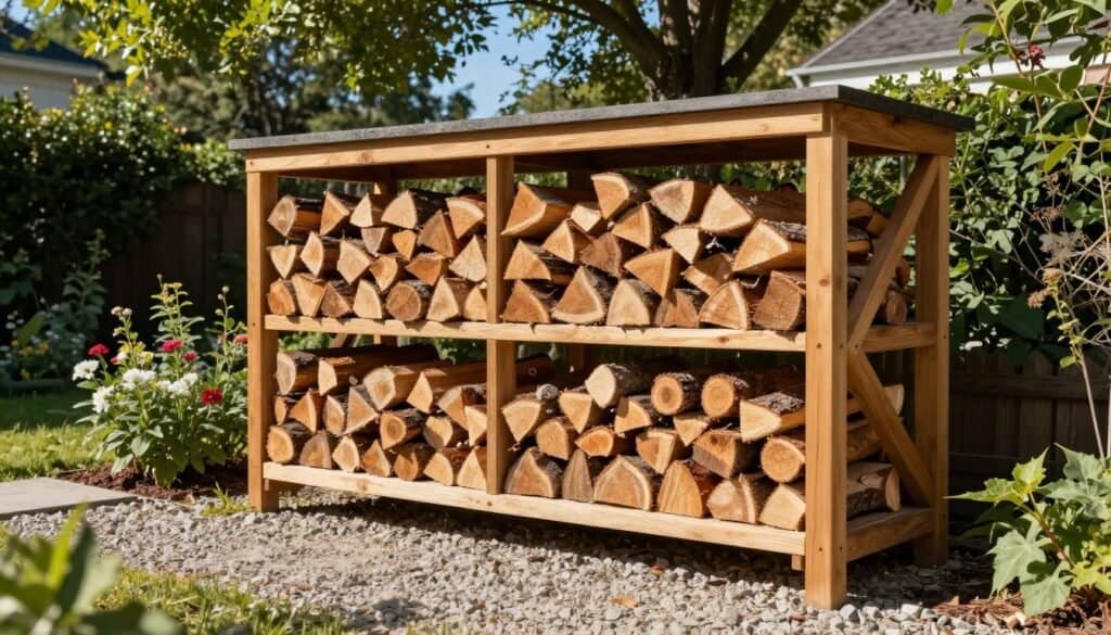 A well-organized outdoor firewood storage area features a sturdy wooden firewood rack overflowing with neatly stacked logs. The rack is situated on a gravel pathway, surrounded by lush greenery and flowering plants, creating a serene backyard atmosphere. In the foreground, the sunlight gently illuminates the textured wood, casting soft shadows that enhance the craftsmanship of the rack. The middle section showcases the firewood neatly arranged in alternating orientations, emphasizing the methodical stacking technique. In the background, a clear blue sky peeks through the canopy of trees, adding a sense of openness to the scene. The overall mood is inviting and warm, highlighting the practicality and aesthetic appeal of dedicated firewood storage. The image is captured in bright, natural light with a focus on clarity and detail, suitable for showcasing a DIY firewood solution.