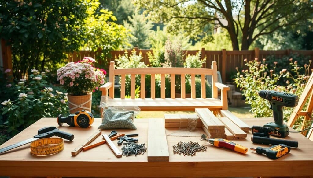 A well-organized workbench in a bright, airy garden setting, featuring essential tools for building an outdoor garden bench. In the foreground, a sturdy wooden workbench is scattered with tools like a measuring tape, saw, drill, and clamps. In the middle, bags of wood screws and planks of lumber are neatly arranged, with a partially assembled garden bench showcasing its design. The background reveals a lush green garden with flowering plants and soft sunlight filtering through trees, casting gentle shadows. The atmosphere is inviting and productive, emphasizing a calm, creative space. Shot with a 35mm lens to enhance depth, the image captures a warm, inspirational feel for DIY enthusiasts.