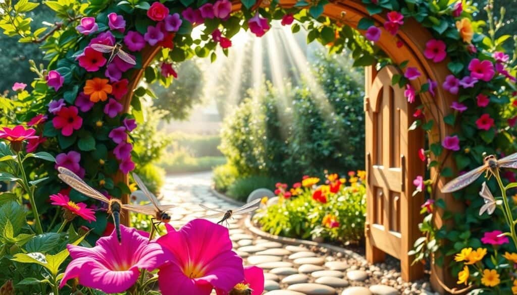 A whimsical garden archway adorned with vibrant climbing vines and colorful flowers, set in a serene garden. In the foreground, delicate morning dew glistens on the petal edges, while dragonflies flit playfully around the colorful blooms. The archway, constructed from natural wood with intricate carvings, stands invitingly as a focal point. In the middle background, a pathway of smooth pebbles leads through lush greenery, with beams of soft sunlight filtering through the leaves, creating a dappled effect on the ground. The overall mood is enchanting and inviting, embodying a peaceful retreat in nature. The lighting is bright and airy, evoking a sense of optimism and inspiration perfect for a garden project.