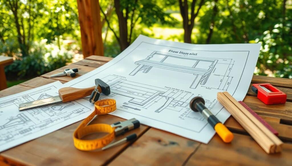 An outdoor wooden bench construction plan laid out on a rustic wooden table, with detailed sketches and measurements visible. The foreground shows a set of woodworking tools: a saw, hammer, measuring tape, and wood clamps neatly arranged beside the blueprints. In the middle, the plans display realistic dimensions and annotations for each component of the bench. The background features a serene garden setting, with soft, dappled sunlight filtering through lush green trees, creating an inviting and tranquil atmosphere. The image captures the essence of woodworking and outdoor crafting, focusing on precision and preparation, evoking a sense of creativity and practicality in the planning phase.