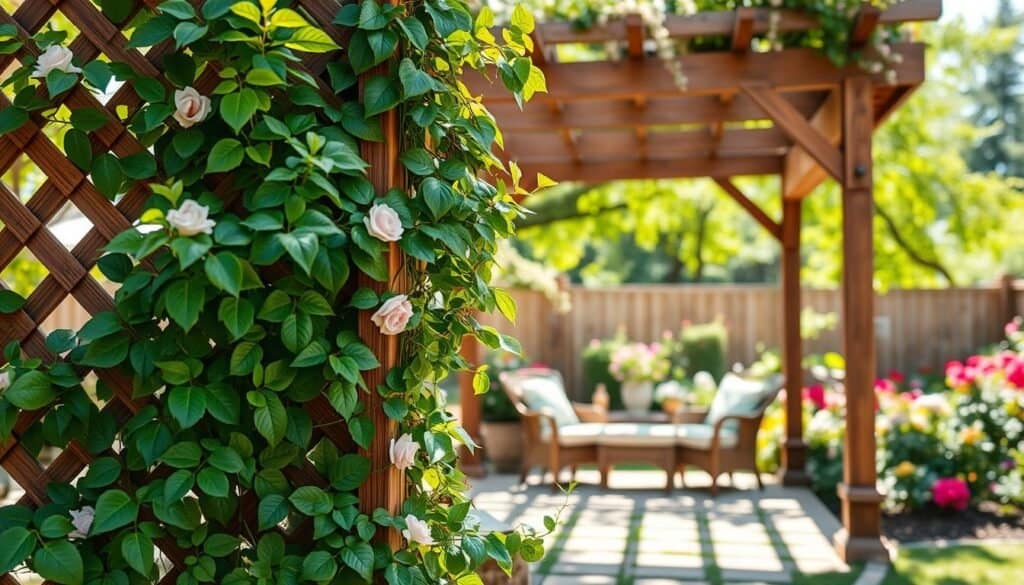 Classic lattice trellis designs showcasing a beautifully crafted wooden structure, intricately woven with geometric patterns, ideal for supporting climbing plants like roses and ivy. In the foreground, focus on the lush greenery of the climbing plants intertwined with the trellis, creating a sense of natural harmony. The middle ground highlights a serene garden setting with a cozy seating area beneath the shade of the trellis, inviting relaxation. The background features a well-kept garden with colorful flowers and sunlight dappling through the leaves, creating a warm, inviting atmosphere. The image is bathed in soft, natural light, capturing a calm and peaceful mood, reminiscent of a sunny afternoon in a well-designed backyard. Utilize a shallow depth of field to emphasize the trellis, while maintaining a sharp focus on the vibrant plants.