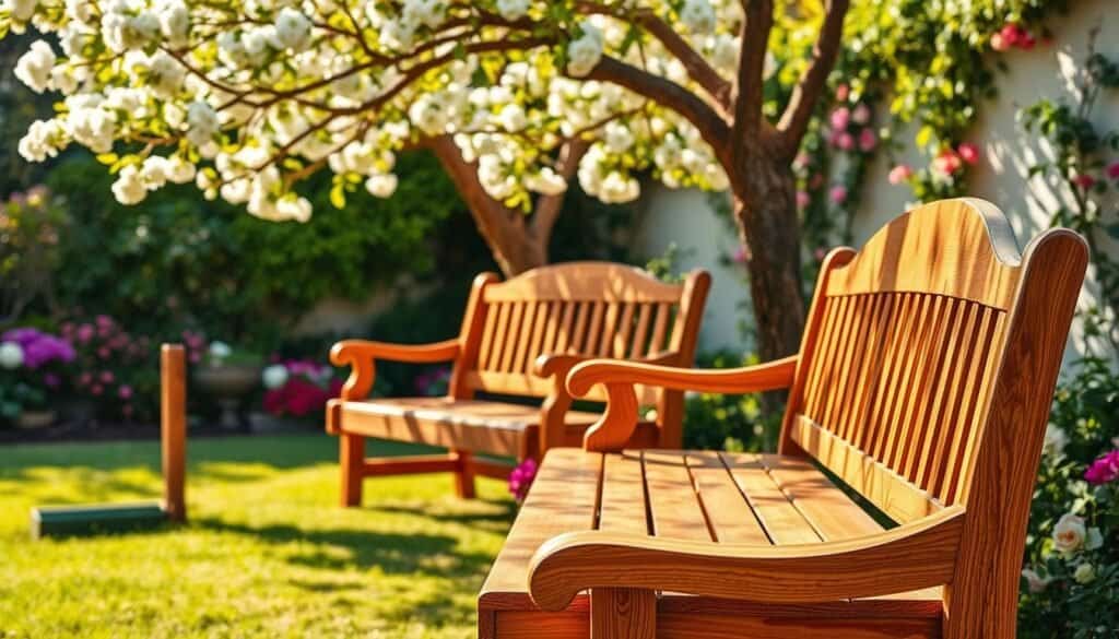 Classic wooden garden benches crafted from rich, warm hardwoods, each piece showcasing exquisite grain patterns and smooth finishes, elegantly arranged in a lush garden setting. In the foreground, a beautifully detailed bench with intricate armrests and a comfortable seating area invites relaxation. In the middle ground, another bench is partially shaded by a blossoming tree, its soft leaves filtering golden sunlight, creating dappled patterns on the ground. The background features vibrant flowers and climbing vines, enhancing the peaceful atmosphere. The image is illuminated by bright, natural light, capturing the serene charm of the outdoor space, evoking a timeless appeal of classic garden design. The composition is well-balanced, photographed from a slightly elevated angle to showcase the benches in their idyllic surroundings.