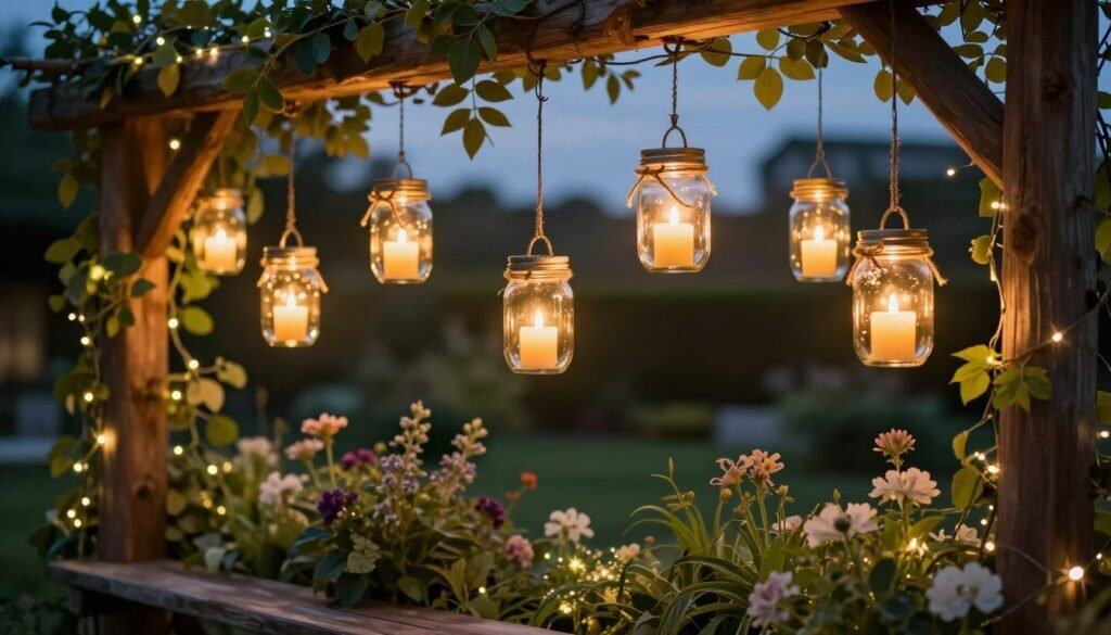 Mason jar hanging lanterns illuminated softly by warm candlelight, arranged in clusters from rustic wooden beams, creating an inviting outdoor atmosphere. The foreground features several jars, elegantly tied with twine, each glowing gently against a backdrop of romantic greenery. In the middle, lush plants and delicate flowers enhance the garden’s enchantment, while twinkling fairy lights weave through the foliage. The background shows a dusk sky, casting a serene twilight glow over the scene. Captured with a shallow depth of field to softly blur the background, emphasizing the magical ambiance. The overall mood is cozy and whimsical, perfect for a tranquil evening gathering.