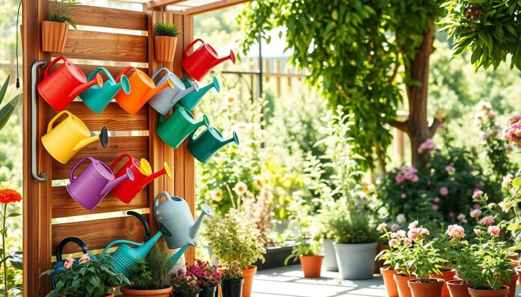Vertical gardening concept featuring a wooden vertical shelf creatively designed for storing watering cans and sprayers. In the foreground, showcase various colorful watering cans and sprayers arranged neatly on the shelves, surrounded by small potted plants and herbs for an organic touch. In the middle ground, incorporate the vertical shelving unit, made of reclaimed wood, providing a rustic yet polished look. The background should include a bright, sunlit garden space, with lush greenery and blooming flowers casting soft shadows. Aim for a warm atmosphere with bright natural light filtering through, enhancing the colors and textures of the watering station. Use a wide-angle lens perspective to emphasize depth and create an inviting, homey feel. Avoid any text or branding within the image.