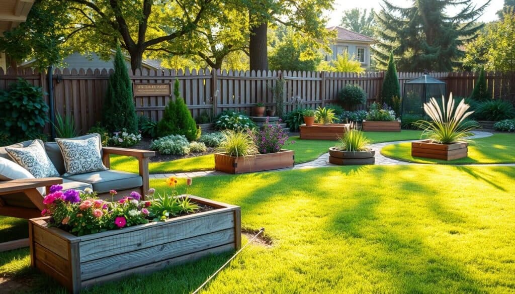 Vibrant and inviting backyard scene showcasing creative planter box locations throughout a well-manicured yard. In the foreground, a rustic wooden planter box filled with colorful flowers sits near a cozy seating area, adorned with decorative cushions. The middle ground features several additional planter boxes arranged along a winding garden path, surrounded by lush greenery and ornamental grasses, creating a harmonious blend with nature. In the background, a quaint wooden fence and tall trees filter soft, warm sunlight, casting gentle shadows on the grass. The atmosphere is serene and cheerful, evoking a sense of tranquility and creativity. Shot from a slightly elevated angle to capture the entire layout, emphasizing the arrangement of the planter boxes.