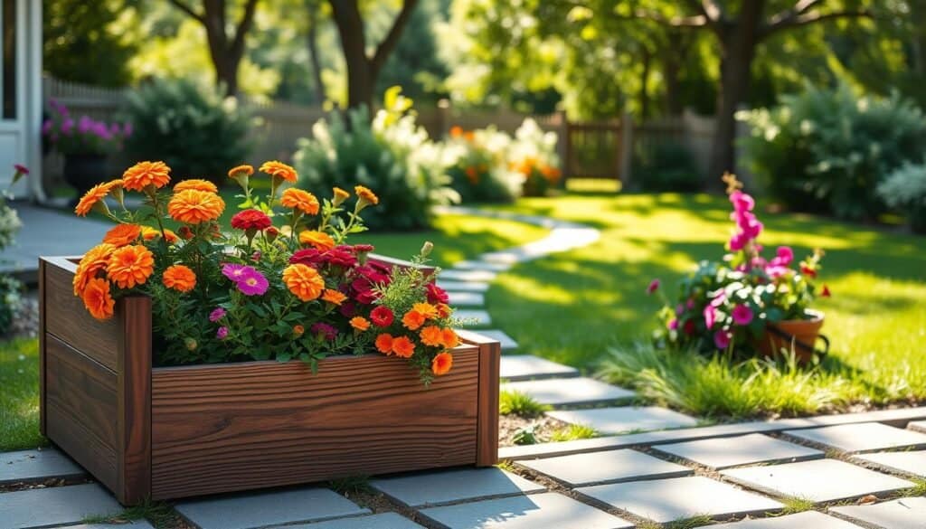 A beautifully arranged DIY wooden planter box setup in a sunny backyard, filled with vibrant flowers such as marigolds and petunias. The foreground features the planter box made of rich, dark-stained wood, showcasing its detailed craftsmanship with natural wood grain. In the middle ground, a garden path of gray stones leads to a lush green lawn, enhancing the inviting atmosphere. Flowers overflow from the sides of the box, adding bursts of color. In the background, soft sunlight filters through nearby trees, casting dappled light on the scene. The angle is slightly elevated, capturing the entire setup in a warm and cheerful mood, evoking a sense of tranquility and inspiration for gardening enthusiasts.