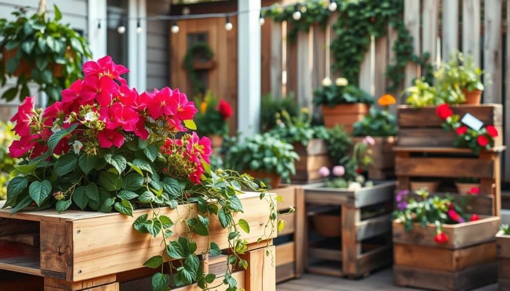 A beautifully arranged collection of DIY patio planters made from reclaimed wood pallets and rustic wooden boxes, filled with vibrant flowers and lush greenery. In the foreground, show a close-up of a colorful palette planter overflowing with geraniums and trailing vines. The middle ground features different styles of wooden boxes, some stacked, showcasing herbs like basil and rosemary, while others hold flowering plants in a charming haphazard arrangement. In the background, a cozy patio scene with fairy lights strung above and a wooden fence draped in creeping ivy, all bathed in soft, natural sunlight. The mood is inviting and serene, perfect for small outdoor spaces. Shot with a 35mm lens, emphasizing depth of field to focus on the planters while softly blurring the background.