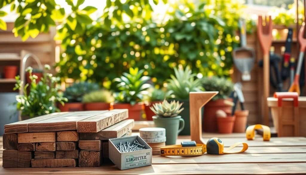 A beautifully arranged composition showcasing essential materials for a DIY wooden plant stand. In the foreground, rustic wooden planks of various sizes are neatly stacked, alongside a pair of sturdy, rustic brackets. A box of nails and a tape measure are thoughtfully placed nearby. The middle ground presents a lush green garden backdrop with potted plants, adding life to the scene. Soft sunlight filters through the leaves above, casting gentle shadows and highlighting the textures of the wood. The background features a blurred outline of additional gardening tools in a cozy outdoor workspace. The mood is bright and inviting, embodying a spirit of creativity and natural beauty, evoking a sense of inspiration for outdoor décor projects.