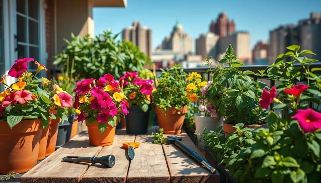A beautifully arranged container gardening scene in a cozy urban balcony setting. In the foreground, a variety of colorful plants thrive in stylish containers: vibrant petunias, lush greenery, and aromatic herbs like basil and mint. The middle ground features a rustic wooden table with gardening tools scattered around, hinting at a recent planting activity. In the background, a soft focus of city buildings under a clear blue sky enhances the urban touch. The scene is illuminated by bright natural sunlight, casting gentle shadows and creating a warm, inviting atmosphere. The composition is shot from a slightly elevated angle, showcasing the plants’ vibrant colors and textures while capturing the essence of container gardening in limited spaces.