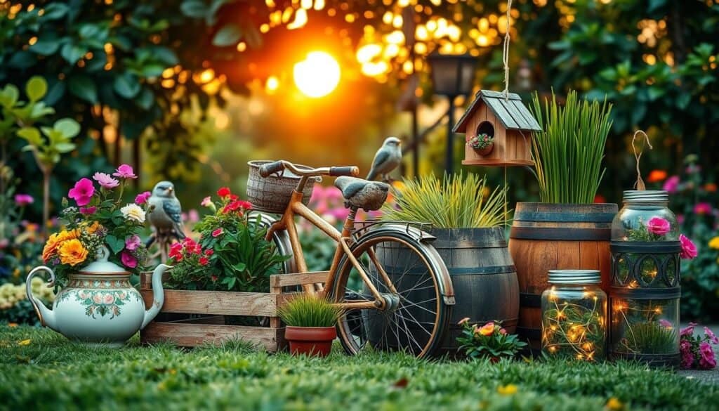 A beautifully arranged garden scene featuring ten unexpected containers that enhance the aesthetic appeal of any outdoor space. In the foreground, showcase an elegant vintage tea set repurposed as a flower pot, a rustic wooden crate overflowing with vibrant blooms, and a charming bicycle adorned with hanging planters. The middle section features unique items like a colorful ceramic birdhouse, a repurposed wine barrel filled with grass, and glass jars glowing softly with fairy lights. In the background, a dreamy sunset casts warm golden hues, illuminating a variety of leafy greenery and colorful flowers. Capture this moment with soft sunlight filtering through the leaves, creating a serene and inviting atmosphere, shot with a shallow depth of field to emphasize the containers while blurring the lush garden backdrop.