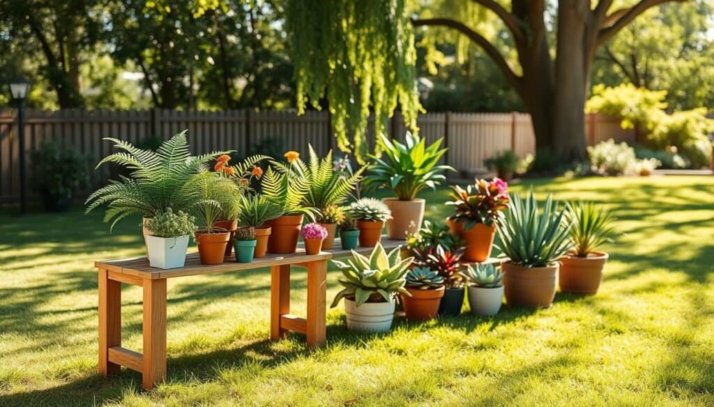 A beautifully arranged outdoor scene featuring a simple wooden plant stand, elegantly showcasing an array of vibrant potted plants in different shapes and sizes. In the foreground, the stand is made of light oak with a smooth finish, and the plants include lush ferns, colorful flowers, and succulents artfully arranged to create visual interest. The middle ground captures the plant stand set against a backdrop of a serene backyard with a grassy lawn sprinkled with dappled sunlight filtering through the leaves of nearby trees. The atmosphere is bright and inviting, bathed in soft sunlight, evoking a sense of calm. Shoot with a shallow depth of field, focusing sharply on the stand and blurring the background slightly for a dreamy effect, thereby enhancing the beauty of the plants.