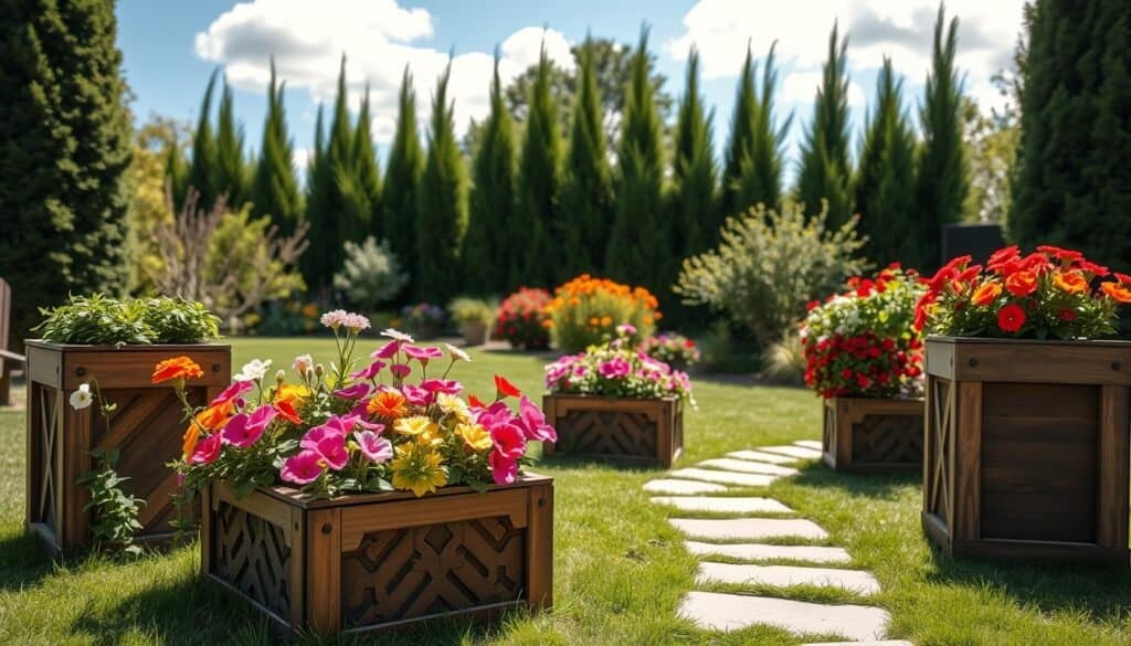 A beautifully arranged outdoor scene featuring decorative wooden planters filled with vibrant flowers, set against a serene backyard backdrop. In the foreground, intricately designed wooden planter boxes display an assortment of colorful blooms such as petunias, marigolds, and geraniums. The middle ground features a gently sloping lawn with a charming stone pathway winding through the planters, enhancing the inviting atmosphere. In the background, tall, lush greenery and a clear blue sky dotted with soft, white clouds create a tranquil mood. The lighting is bright and natural, with warm, soft sunlight casting gentle shadows that emphasize the textures of the wood and the petals. The image should be captured with a slight depth of field for a dreamy effect, inviting viewers to envision their own outdoor oasis.