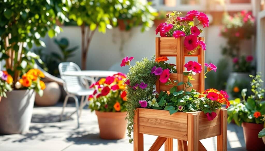 A beautifully arranged outdoor scene featuring tiered planter stands designed for small spaces. In the foreground, showcase a three-tiered wooden planter filled with vibrant flowers like petunias, marigolds, and herbs, each layer distinctively colored. The middle layer has cascading plants, adding a lush, green touch. Soft sunlight filters through the leaves, creating gentle shadows. In the background, a cozy patio area with a few modern outdoor furniture pieces is visible, blending seamlessly into a well-maintained garden. The mood is cheerful and inviting, perfect for a small urban balcony or patio setting. Use a wide-angle lens to capture the entirety of the scene and emphasize the planter's compactness in this vibrant, well-lit environment.