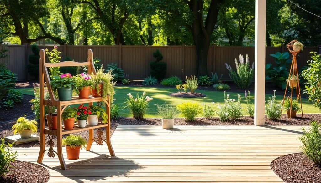 A beautifully arranged outdoor scene showcasing a weather-resistant garden plant stand, expertly crafted from durable materials, placed in a serene backyard setting. In the foreground, the plant stand holds a variety of vibrant potted plants, including colorful flowers and lush greenery, demonstrating excellent maintenance. The middle layer features a wooden deck or stone pathway leading to the plant stand, surrounded by mulched flower beds. In the background, a well-maintained garden with gentle sunlight filtering through leafy trees creates a warm, inviting atmosphere. Soft shadows enhance the textures of the wood and foliage, giving a realistic feel to the scene. Bright natural light illuminates the entire composition, emphasizing the beauty of outdoor decor and successful plant care.