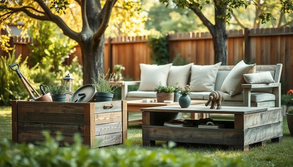 A beautifully arranged outdoor scene showcasing rustic scaffold furniture that combines both style and functionality. In the foreground, feature a handcrafted wooden storage box made from weathered scaffold planks, filled with garden tools, cushions, and decorative plants. The middle ground includes a pair of scaffold benches adorned with cozy, neutral-toned cushions, complemented by a small, rustic coffee table. In the background, lush greenery and a wooden fence create a serene atmosphere, illuminated by soft, natural sunlight filtering through tree branches. The scene conveys a calm and inviting mood, perfect for a garden retreat. The image should be captured with a shallow depth of field, emphasizing the furniture while softly blurring the background.