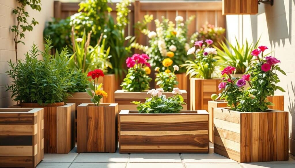 A beautifully arranged scene of wooden planters in a small, bright outdoor space. In the foreground, showcase a variety of planters made from different types of wood, such as cedar and teak, featuring natural finishes that enhance their textures and grains. In the middle ground, display lush greenery and colorful flowers thriving within the planters, suggesting a balance between aesthetics and functionality. The background should be a serene garden setting bathed in soft, warm sunlight, with gentle shadows creating depth. Capture this scene from a slightly elevated angle to highlight the planters' craftsmanship. Aim for a realistic and inviting atmosphere, emphasizing the beauty of sustainable woodworking in small spaces.