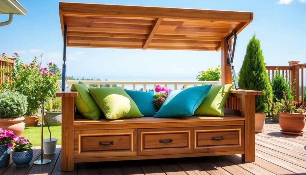 A beautifully crafted DIY deck storage seat, showcasing a wooden bench with a lift-up lid for storage, filled with colorful garden cushions. The design features natural wood grain and elegant detailing, positioned against a bright, sunny backyard setting. In the foreground, the bench is adorned with soft cushions in shades of green and blue, inviting relaxation. The middle ground reveals a well-maintained deck surrounded by lush greenery, blooming flowers, and potted plants, creating a serene atmosphere. The background features a clear blue sky, with soft sunlight casting gentle shadows, enhancing the inviting mood. Capture this scene from a slightly elevated angle for a comprehensive view, focusing on the intricate woodwork and the functionality of the storage feature.