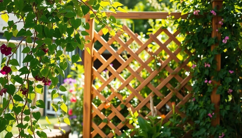 A beautifully crafted garden scene featuring an intricate lattice design for climbing plants, serving as a decorative fence panel. In the foreground, vibrant green climbing vines elegantly weave through the wooden lattice, adorned with colorful blooms cascading over the edges. The middle ground showcases the fence panel, made from natural wood, with carefully arranged geometric patterns, highlighting the craftsmanship involved. The background reveals a softly blurred garden filled with various plants, creating a lush atmosphere. The scene is illuminated by bright, natural sunlight filtering through the leaves, casting gentle shadows and enhancing the textures of the lattice and foliage. The mood is serene and inviting, ideal for a backyard retreat. Captured from a slightly elevated angle to emphasize the design detail.