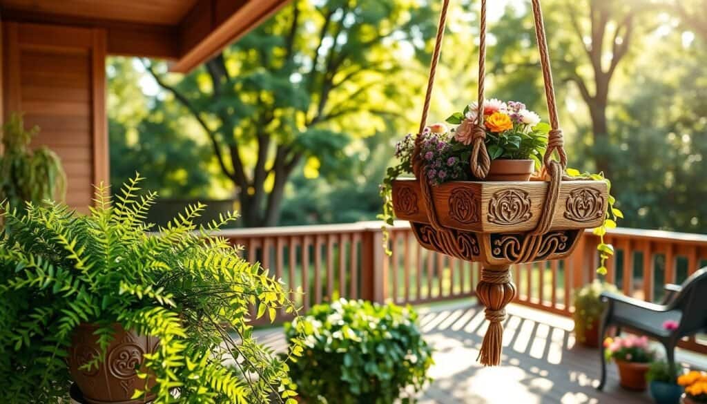 A beautifully crafted hanging plant stand, made of natural wood with intricate carvings, suspended from a porch railing by sturdy, woven ropes. In the foreground, vibrant green ferns and cascading ivy plants flourish in charming ceramic pots, while the middle showcases the rustic plant stand adorned with an assortment of colorful flowers. The background features a sun-drenched backyard with a wooden deck, soft sunlight filtering through leafy trees, creating dappled shadows on the ground. Capture this scene from a slightly elevated angle to emphasize the height and elegance of the plant stand. The mood is warm and inviting, perfect for an outdoor space designed to enhance backyard decor.