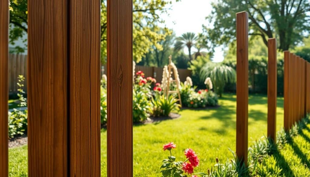 A beautifully crafted shutter-style fence panel, showcasing a rustic farmhouse aesthetic, is set in a vibrant backyard garden. In the foreground, the focus is on the weathered wooden slats of the fence, artfully arranged in a vertical pattern with a warm brown finish, slightly weathered to emphasize charm. The middle ground features blooming flowers and lush greenery, adding pops of color against the fence, while a well-maintained lawn stretches out. In the background, soft sunlight filters through nearby trees, casting gentle shadows and creating a tranquil atmosphere. The image should capture a close-up perspective, showcasing texture and detail, under bright natural light that enhances the warmth of the wood and the vibrancy of the garden.