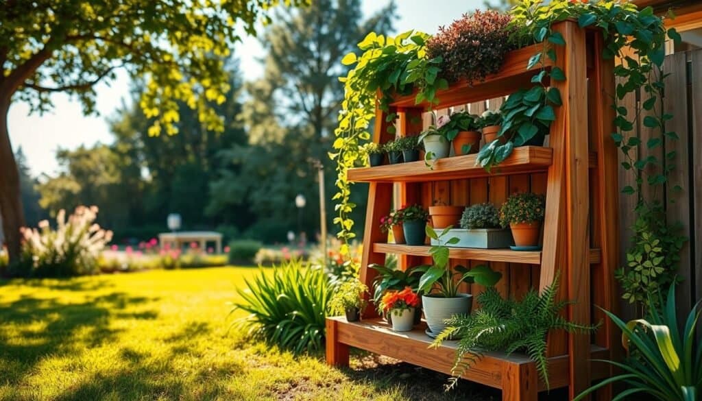 A beautifully crafted tiered wooden plant shelf nestled in a vibrant backyard setting. The shelf has three levels, showcasing an array of lush green plants in various sizes, from cascading ivy to colorful flowering pots. In the foreground, the rich texture of the wood is highlighted by soft, warm sunlight filtering through nearby trees, casting gentle shadows. The middle section features the plant stand surrounded by lush grass, with a flower patch adding pops of color. In the background, a clear blue sky enhances the peaceful outdoor atmosphere. The image captures the essence of DIY outdoor decor, emphasizing the vertical space utilization, with a focus on warmth and inviting natural light to create a serene, inspiring mood.