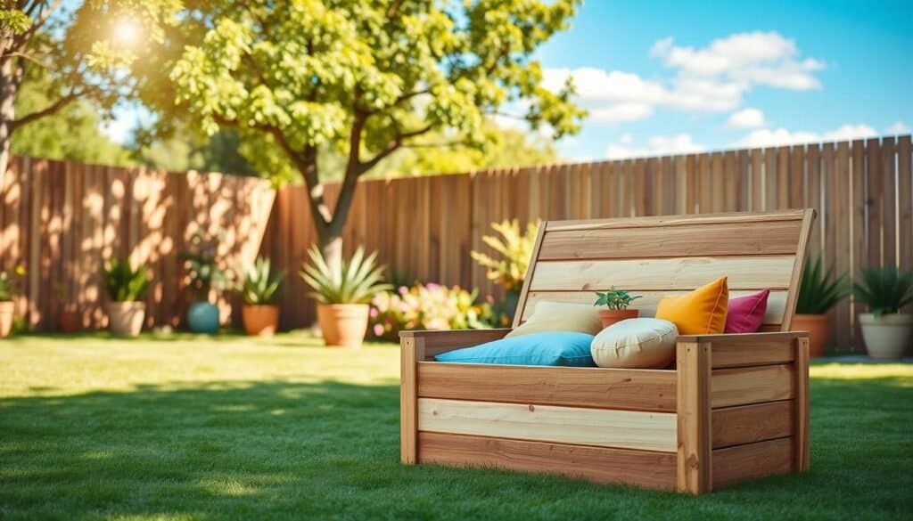 A beautifully crafted waterproof outdoor storage box for garden cushions, positioned in a sunlit backyard. In the foreground, the storage box features a sleek design with a natural wood finish, showcasing the grain and texture, and is partially open, revealing neatly organized cushions in vibrant colors. The middle ground features a well-manicured lawn and potted plants, adding greenery and warmth. In the background, a wooden fence and a clear blue sky with soft clouds create a serene atmosphere. The scene is bathed in bright, natural light with soft sunlight filtering through the leaves of nearby trees, giving a relaxed and inviting mood. The image is captured from a slightly elevated angle to provide a clear view of the box and its contents, emphasizing the practicality and aesthetic appeal of this simple storage solution.