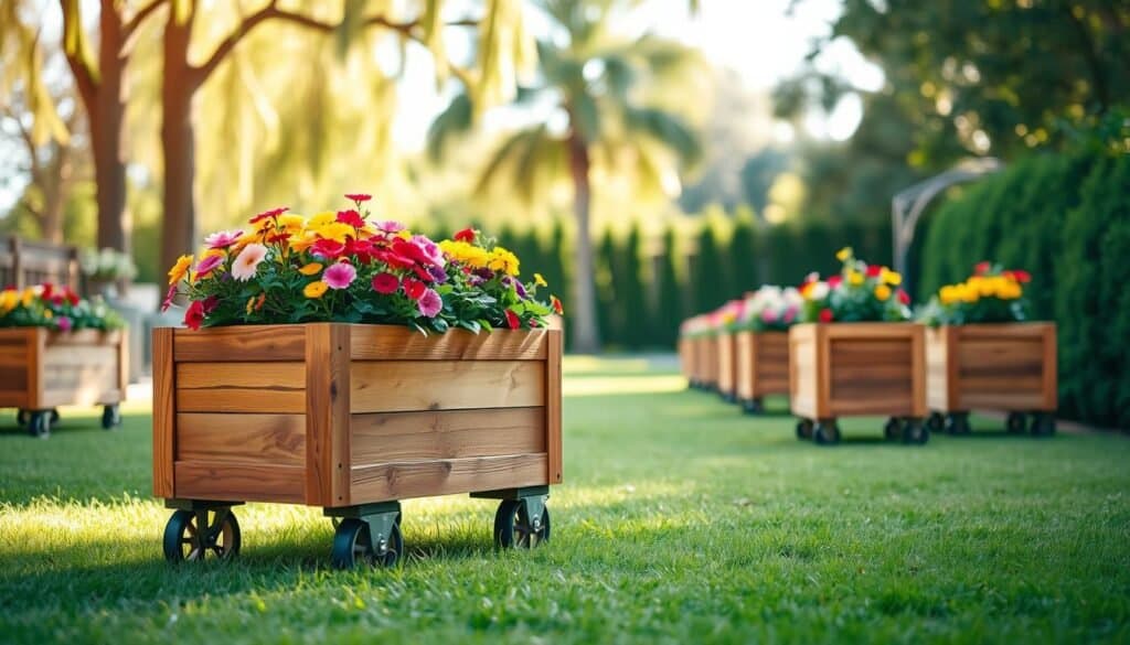 A beautifully crafted wooden rolling planter box, showcasing a rich, natural wood grain finish, positioned in the foreground on a lush green lawn. The planter is filled with vibrant, blooming flowers in a cheerful array of colors, creating a striking contrast against the warm tones of the wood. In the middle ground, there are rows of similar planters, each on sturdy wheels, enhancing the theme of flexibility in backyard layouts. The background features a sunlit garden with tall trees and soft, diffused sunlight filtering through the leaves, creating an airy and inviting atmosphere. This image captures a serene moment, inviting the viewer to imagine the ease of moving these planters to different spots in a backyard. The overall mood is warm, welcoming, and infused with a sense of creativity and outdoor charm.