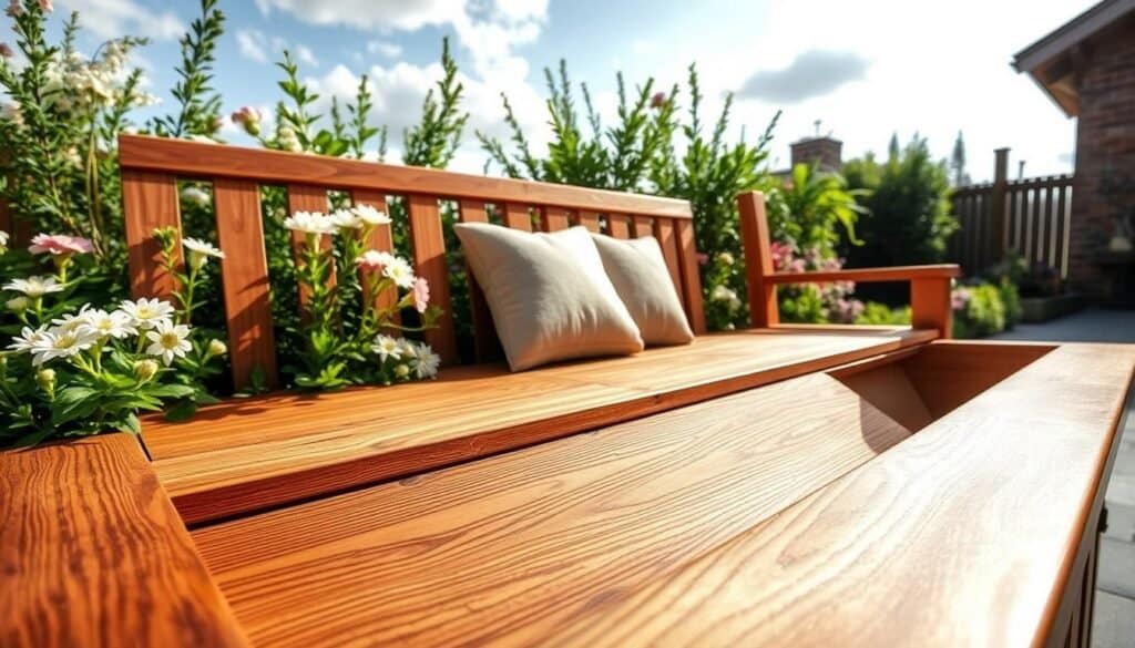 A beautifully crafted wooden storage bench designed for outdoor use, showcasing classic woodworking techniques. The foreground features intricate joinery and a smooth, polished surface, revealing fine grain patterns in rich, warm tones of cedar and pine. In the middle, the bench is surrounded by lush greenery, complemented by blooming flowers, creating a serene garden atmosphere. A soft, inviting cushion rests on the bench, hinting at comfort and usability. The background includes a bright, sunny sky with soft clouds, adding a cheerful ambiance. The scene is illuminated by natural sunlight, casting gentle shadows that enhance the three-dimensional quality of the wood. The composition is well-balanced, evoking a sense of tranquility and craftsmanship, perfect for outdoor relaxation.