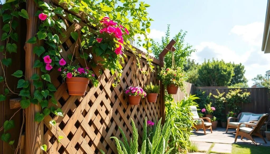 A beautifully designed DIY decorative garden fence panel crafted from reclaimed wood, adorned with colorful climbing vines and hanging planters filled with vibrant flowers. In the foreground, a rustic wooden fence section stands out, showcasing artistic lattice work and cheerful potted plants that add charm. The middle ground features a well-kept backyard with lush greenery and a cozy seating area, where sunlight filters through the leaves, casting playful shadows. The background is a serene setting with a clear blue sky and a few fluffy white clouds, enhancing the peaceful vibe. The lighting is bright and natural, creating an airy atmosphere that invites relaxation and creativity. This scene captures the essence of how a plain fence can be transformed into a stunning backyard feature.