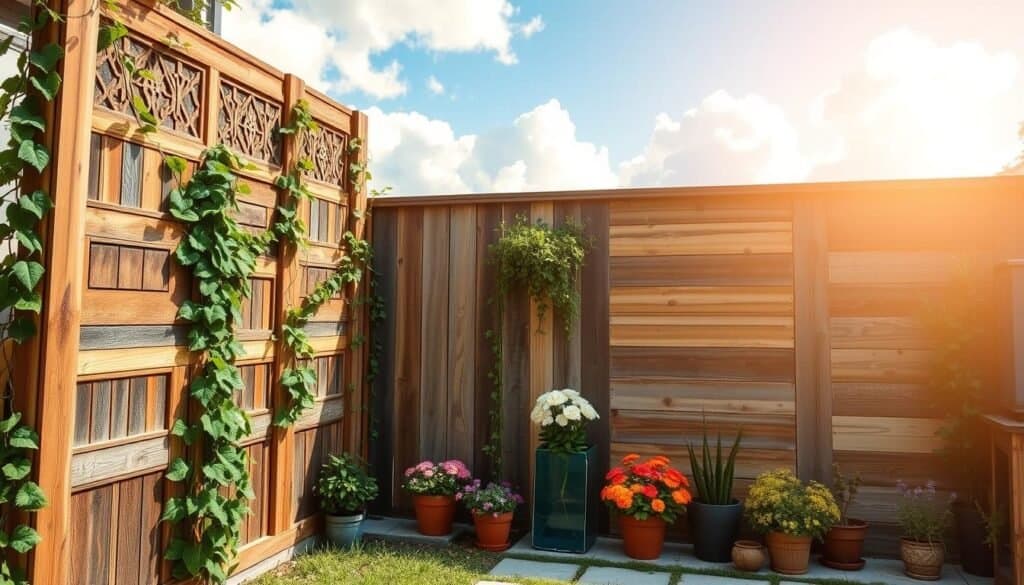 A beautifully designed DIY screen wall made from reclaimed wood, showcasing various styles and textures of wooden planks. In the foreground, the screen wall stands tall, featuring intricate patterns and a rustic finish, with green vines gently climbing along the sides. The middle ground includes a cozy garden with blooming flowers and potted plants, adding vibrant colors that contrast with the warm tones of the wood. In the background, a clear blue sky and soft clouds can be seen, illuminated by bright natural light, giving an inviting and serene atmosphere. The scene is captured from a slightly elevated angle, emphasizing the craftsmanship and creativity involved in the DIY project. The overall mood is peaceful and inspiring, perfect for gardening enthusiasts looking to enhance their outdoor space.
