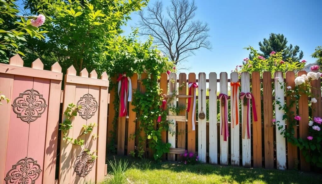 A beautifully designed backyard featuring an array of budget-friendly fence makeover ideas, showcasing various DIY decorative garden fence panels for privacy. In the foreground, there are charming wooden panels painted in soft pastels with intricate patterns and climbing plants. The middle ground displays a mix of repurposed materials, such as old pallets and ribbons, creating a vibrant patchwork effect. In the background, lush greenery and blooming flowers accentuate the scene under bright, natural light, casting gentle shadows. The atmosphere is cheerful and inviting, emphasizing creativity and resourcefulness. The composition is captured from a low angle, allowing for a panoramic view that highlights the charming fence designs while enhancing the sense of space and tranquility in the garden.