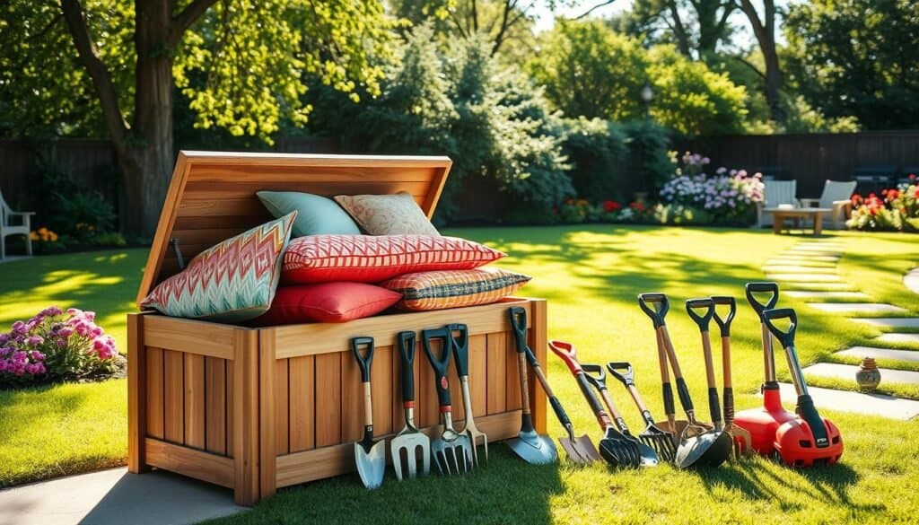 A beautifully designed innovative outdoor cushion storage solution, positioned in a serene backyard setting. In the foreground, a stylish wooden storage box with a hinged lid, crafted from durable weather-resistant materials, overflowing with vibrant outdoor cushions in assorted colors and patterns. In the middle ground, a variety of garden tools organized neatly beside the box, showcasing functionality. The background features a lush green lawn dotted with flowering plants and a garden pathway. The scene is illuminated by bright, soft sunlight filtering through trees, creating a warm, inviting atmosphere. A wide-angle perspective captures the essence of outdoor organization for a cozy and stylish backyard retreat.