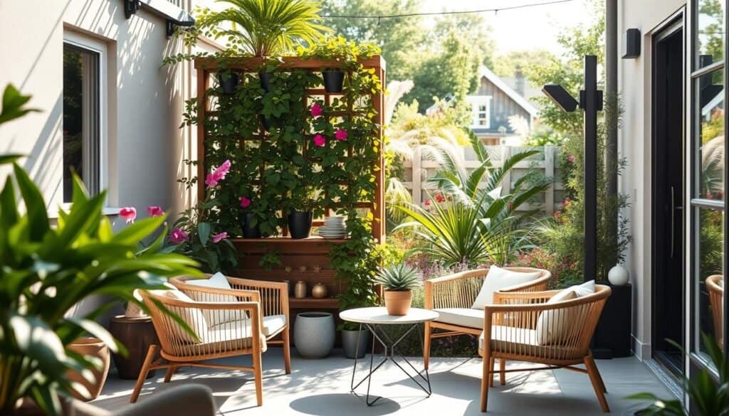 A beautifully designed small outdoor space that maximizes its potential, featuring a cozy patio area with elegant, minimalist furniture arranged for conversation. In the foreground, include a stylish small table with potted plants and a few comfortable chairs made of natural materials. In the middle, showcase a lush vertical garden climbing a wooden trellis, creating a sense of depth and greenery. The background should feature a soft-focus view of a charming garden with vibrant flowers and waving grasses, bathed in bright natural light. Capture the scene with a wide-angle lens, emphasizing a warm, inviting atmosphere. Soft sunlight filters through the leaves, casting gentle shadows, enhancing the feeling of a serene and spacious outdoor retreat.
